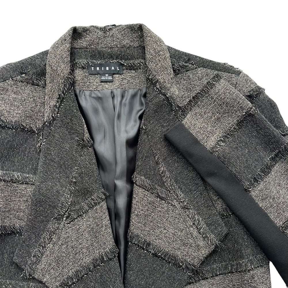Tribal Womens 10 Black Brown Frayed Edge Striped Draped Blazer 97030-296A Preppy